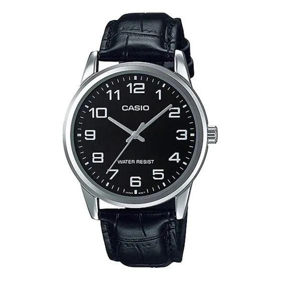 Reloj pulsera Casio MTP-V001L-1BU con correa de cuero color negro - bisel plateado
