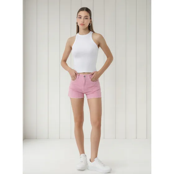 Short Rojo Rayado Infoestilos Mujer Rigido Tiro Alto
