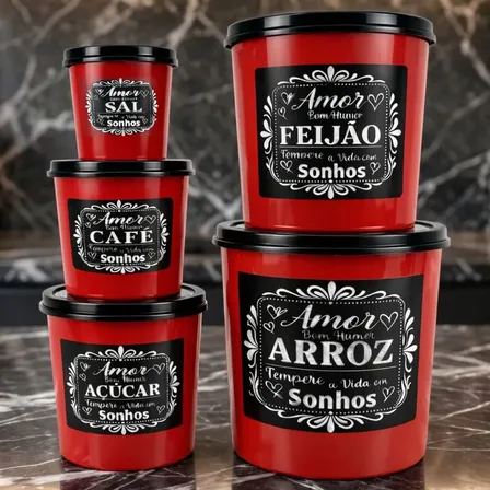 Jogo De Mantimento 5 Peças Potes Personalizado Livre De Bpa Vermelho