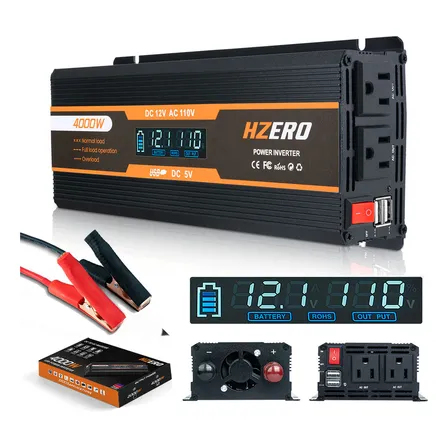 Hzero 4000w Inversor Convertidor De Corriente Con Pantalla Lcd Inteligente Con 2 Ac Y 2 Usb, 12v A 110v Transformador Para Coche, Cable 100% Cobre, Abrazaderas Aisladas Seguridad, Empaque De Calidad