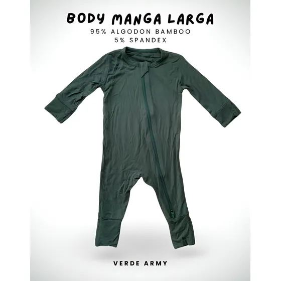 Monito Manga Larga Bamboo Bebé Color Verde Army 95% Algodon