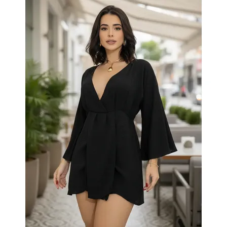 Vestido Feminino Curto Soltinho Social Manga Flare Dori Preto Único