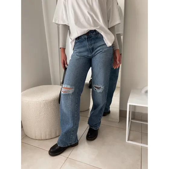 Jeans Mujer Wide Leg Rigido Con Rotura