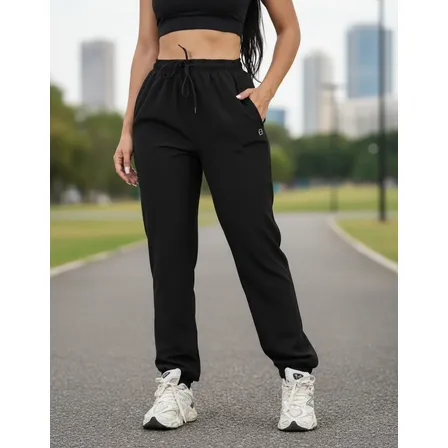 Calça Feminina Jogger Em Tactel Com Elastano Bolsos E Cordão Preto Liso M
