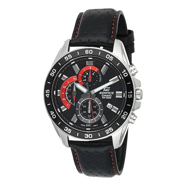 Reloj Casio Edifice Cronografo EFV-550I-1A Con Correa De Cuero Genuina Tipo Rally Bisel Negro Fondo Negro 100 Metros