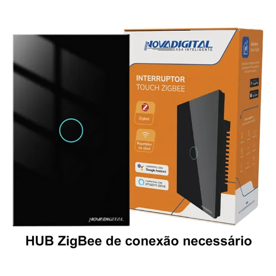 Interruptor Inteligente Zigbee Novadigital 1 Tecla Botão Touch Alexa Google Tuya Smart Life 110V 220V Bivolt Preto