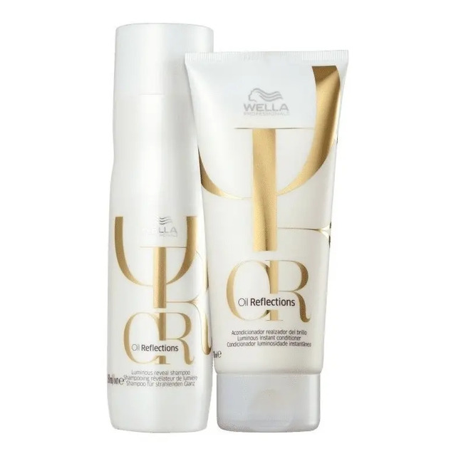 Kit Wella Oil Reflections contendo um frasco de shampoo de 250ml e um tubo de condicionador de 200ml, ambos com embalagem branca e detalhes em dourado.