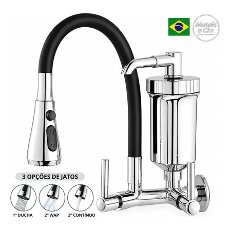 Torneira Com Filtro 3 Jatos Para Cozinha Gourmet de Parede Preta Silicone Flexível Bica Móvel 3 Jatos Modelo Moderno para Pia Água Fria
