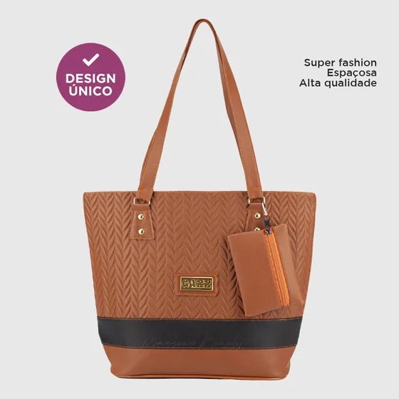 Bolsa Feminina Media De Ombro Couro Sintetico + Bolsinha Porta Moedas Cor Caramelo