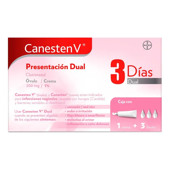 Canesten V Dual 3 Días Con 3 Óvulos De 200 Mg Y Tubo Con 10