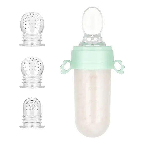Tetero Biberón Dispensador Alimentos Bebés 40 Ml Uso Verde Chupo 3 Tamaño Alimento + Cuchara Dispensar Ayuda Habilidades Control Sin Bpa Libre Bps Sin Ftalatos Silicona Grado Alimenticio Versátil