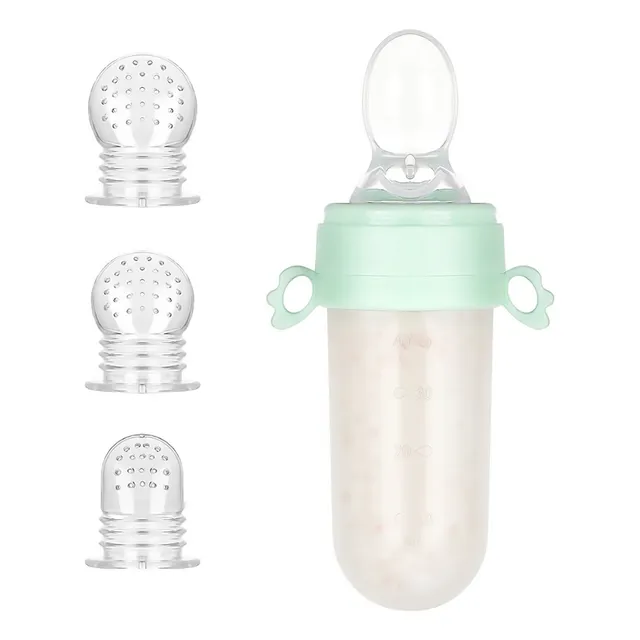 Tetero Biberón Dispensador Alimentos Bebés 40 Ml Uso Verde Chupo 3 Tamaño Alimento + Cuchara Dispensar Ayuda Habilidades Control Sin Bpa Libre Bps Sin Ftalatos Silicona Grado Alimenticio Versátil