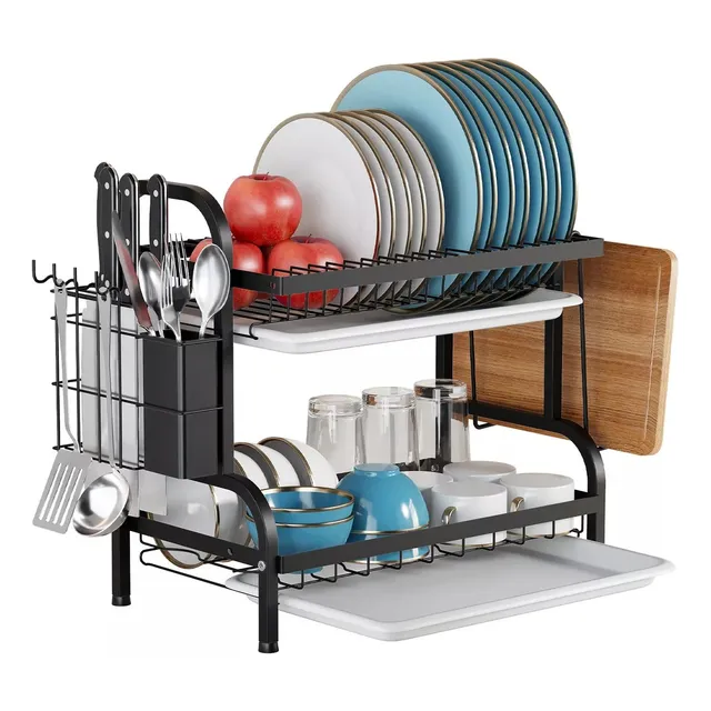 Escurridor De Trastes De 2 Niveles Inoxidable Fregadero Con Bandejas Estante Color Negro