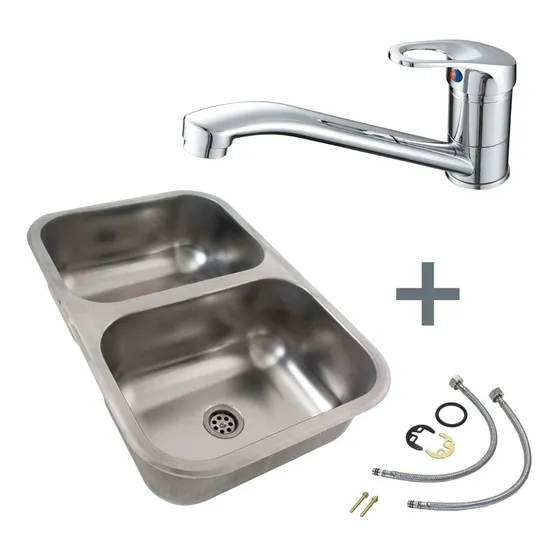 Bacha Doble 59x34 Inoxidable  + Griferia Monocomando Mesada 