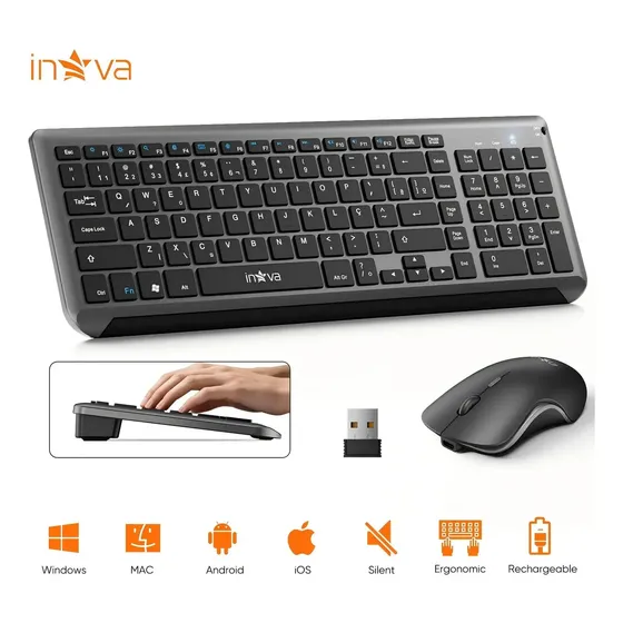 Kit Teclado e Mouse Sem Fio Inova com Layout ABNT2 Brasil – Teclado com Ç e Acentos Diretos, Receptor USB Único 2.4GHz, Bateria Recarregável USB-C, Ergonômico Silencioso, para Windows Mac Android iOS