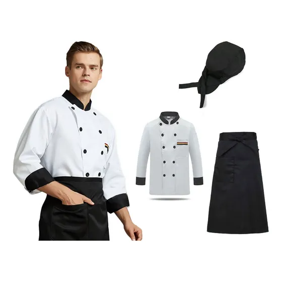 Chaqueta Chef Unisex Manga Larga + Gorro Paliacate + Mandil