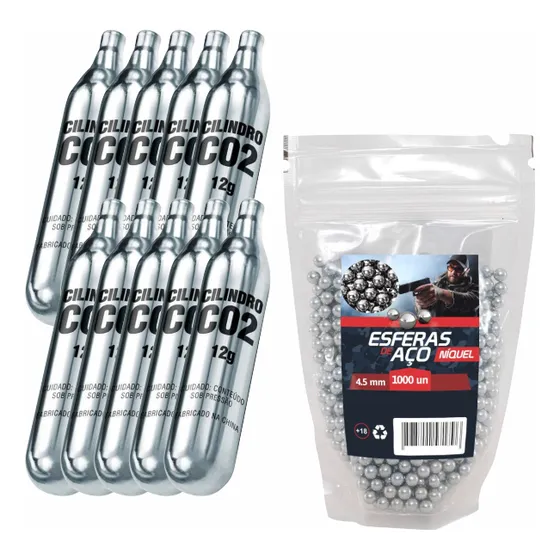 Kit Com 1000 Esferas De Aço 4.5mm + 10 Cilindros Co2 12g