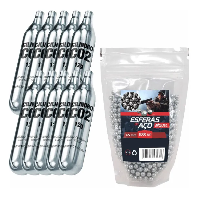 Kit Com 1000 Esferas De Aço 4.5mm + 10 Cilindros Co2 12g