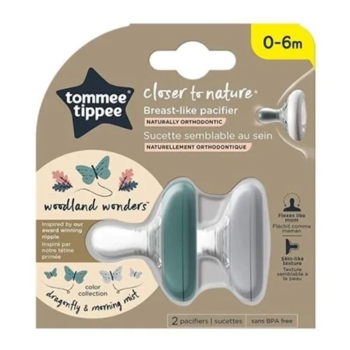 Kit de 2 chupetes con forma de pecho Tommee Tippee de 0 a 6 m sin BPA color libélula blanca y bruma matutina