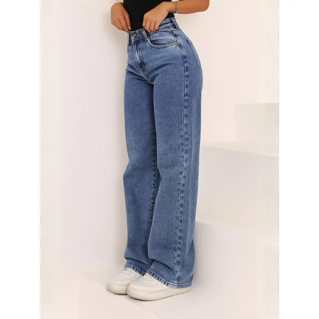 Calça Jeans Wide Leg Feminina Cintura Alta Pantalona