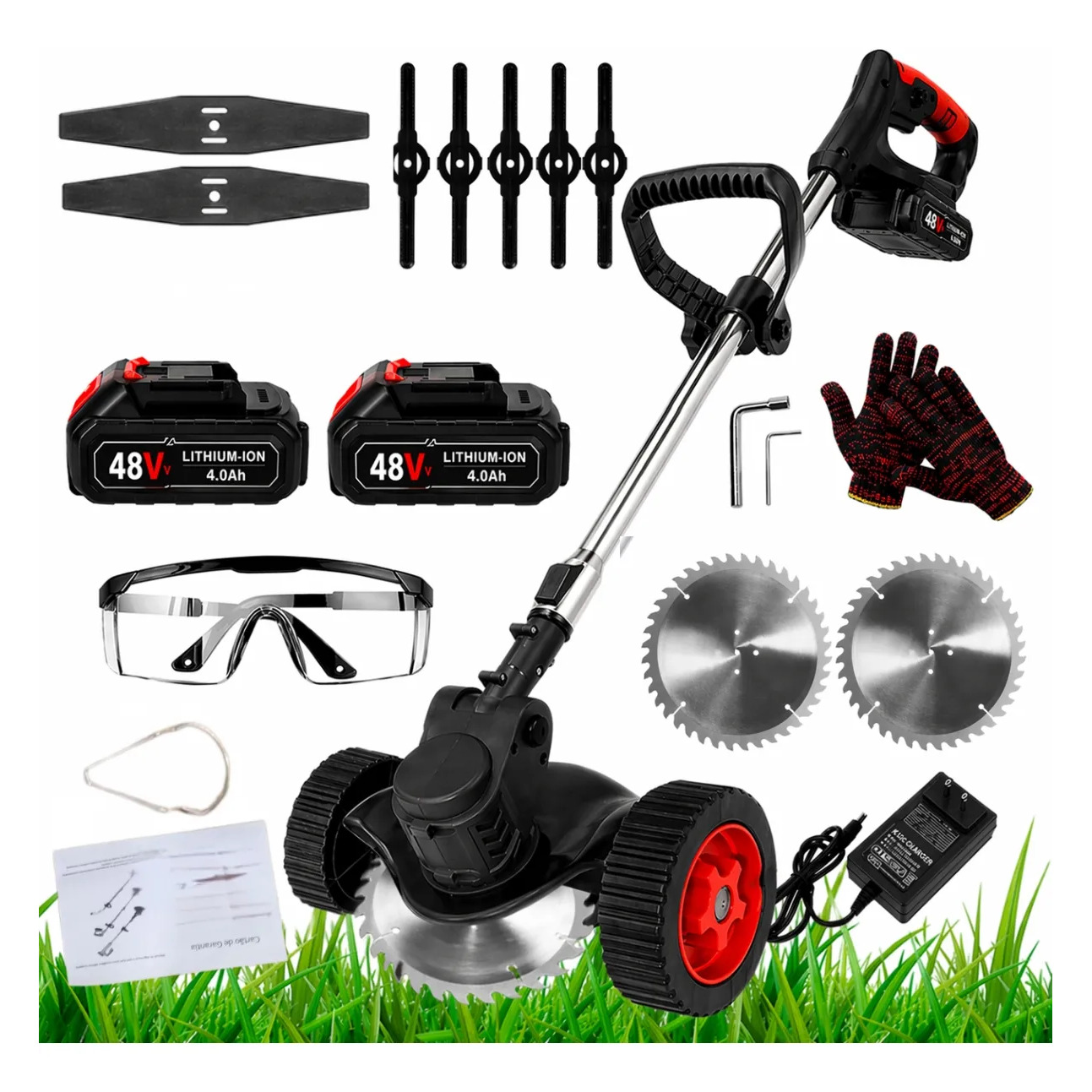 Kit de cortador de grama elétrico preto com duas baterias de 48V, rodas, lâminas de corte, óculos de proteção, luvas e carregador em fundo branco