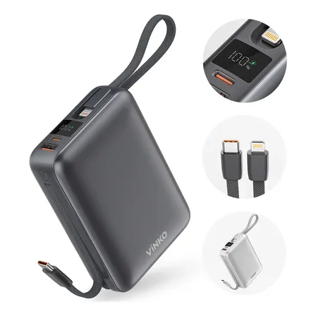Vinko Power Bank 20000mah Turbo 22,5w Com 2 Cabos E Tela V10 Cinza-escuro