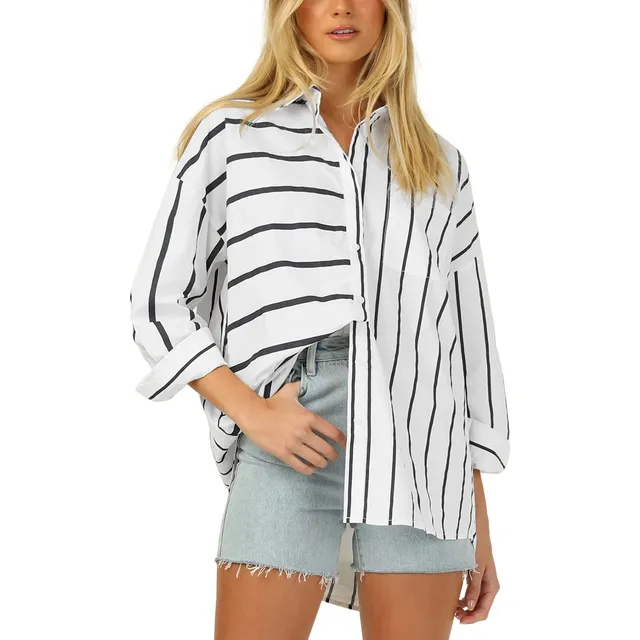 Blusa Manga Larga Gran Tamaño Cuello V Raya Para Mujer Otoño