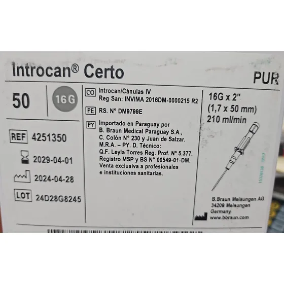 Cateter Intravenoso Introcan Certo  Jelco 16g