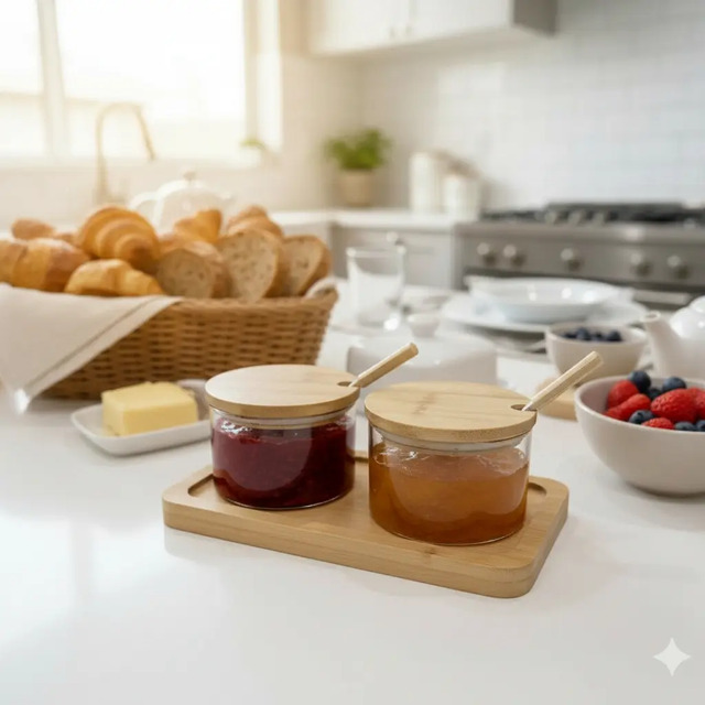 Conjunto Porta Geleia Wolff Com Tampa E Bandeja De Bambu Transparente