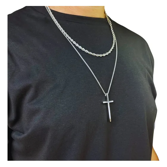 Conjunto Kit De Corrente Cordão Masculina Em Aço Inox Prata Cor Prateado