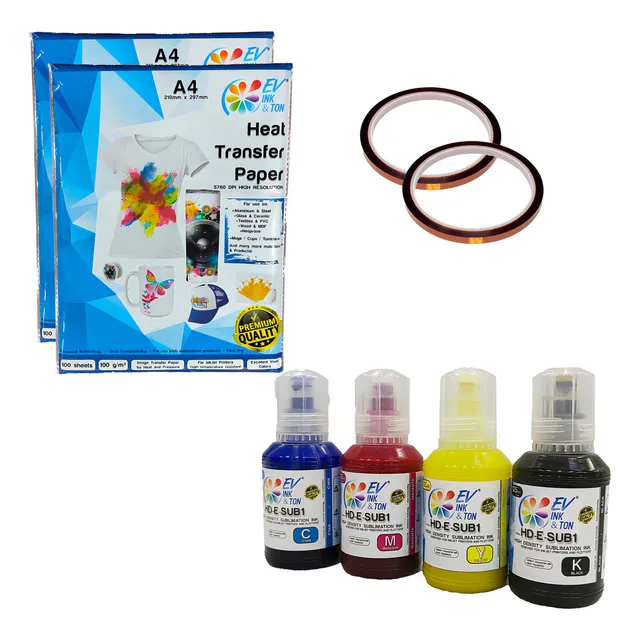 Kit 4 Tinta Sublimación 125mlc/u 200hj Papel 2 Cinta Térmica Tinta Cmyk