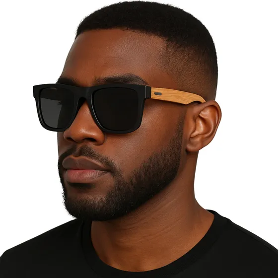 Óculos Sol Masculino Quadrado Haste Madeira Preto Estilo Uv