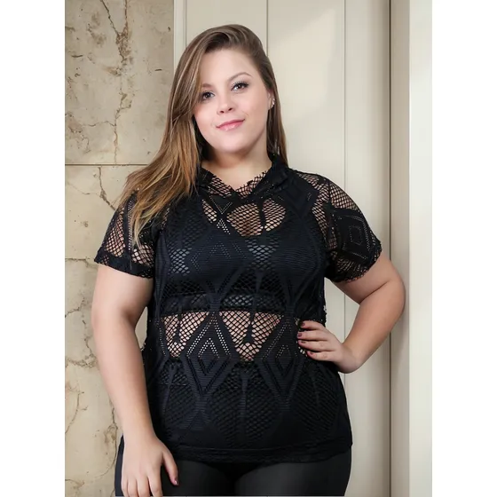 Blusa Plus Size Tecido Em Tela Com Capuz Pós Treino Academia