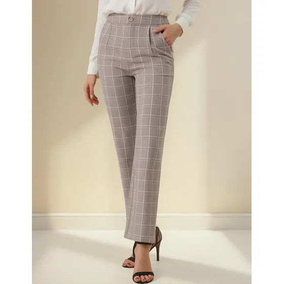 Pantalón A Cuadro Largo Con Cintura Elástica Trabajo Casual