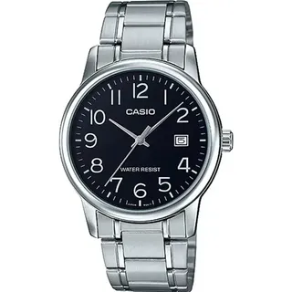 Reloj Casio Mtpv002 Hombre Acero Negro Fechador Correa Plateado Bisel Plateado Fondo Negro Mtp-v002d-1b