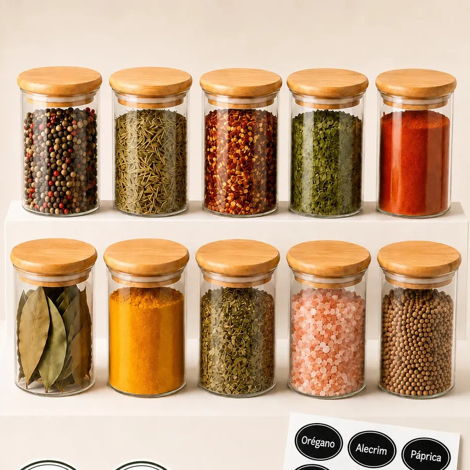 Conjunto de 10 potes de vidro para temperos com tampas de bambu organizados em duas prateleiras, exibindo diversos condimentos como pimentas, ervas e especiarias.