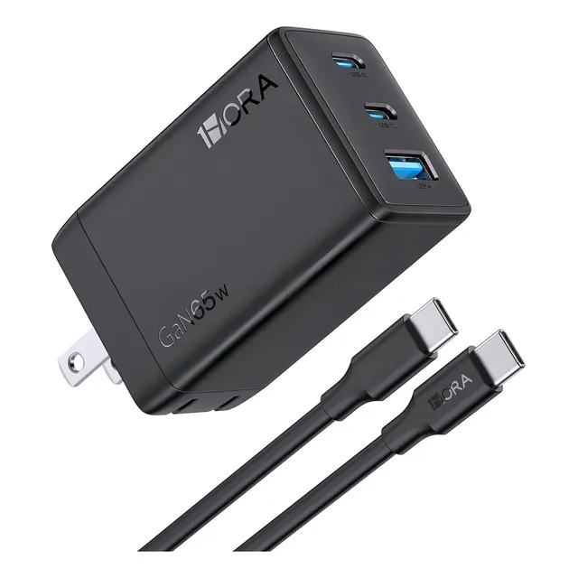 Cargador Para Pared 1hora 65w Pd, 3 Puertos + Cable Tipo-c Color Negro