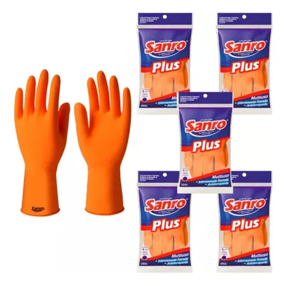 Kit 5 Prs Luva De Látex Natural Laranja Sanro Plus Limpeza M