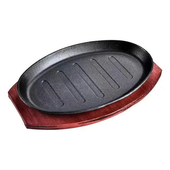 Plancha Plato De Fierro Fundido Con Base De Madera 28cm
