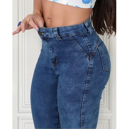 Calça Jeans Feminina Skinny Cós Alto Elastano Marmorizada