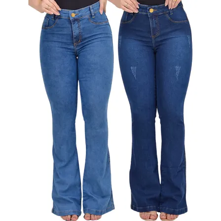 Kit 2 Calça Jeans Feminina Flare Levanta Bumbum Cintura Alta