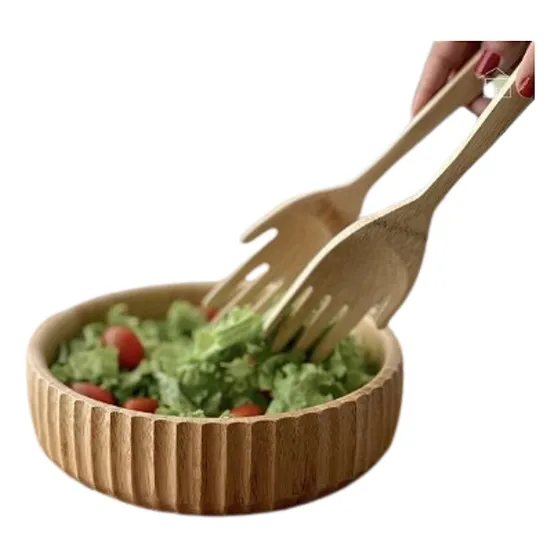 Kit Saladeira Canelada Pegador Salada Bambu Anti Bactericida