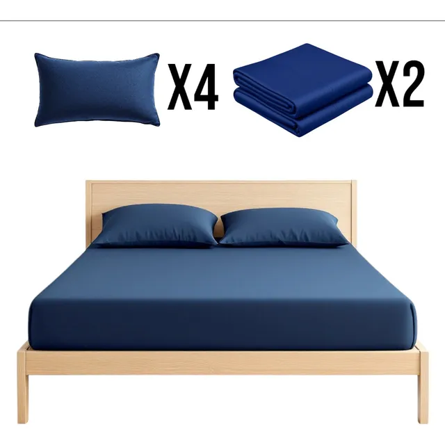 Pack 2 Sábanas Ajustables +4 Fundas 1800 Hilos Suave +bolsa Azul Liso