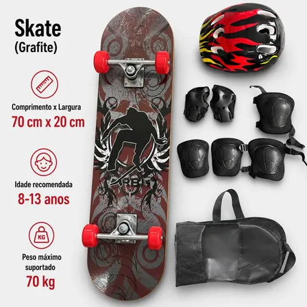 Kit Skate Para Iniciantes E Acessórios De Proteção - Grafite Vermelho