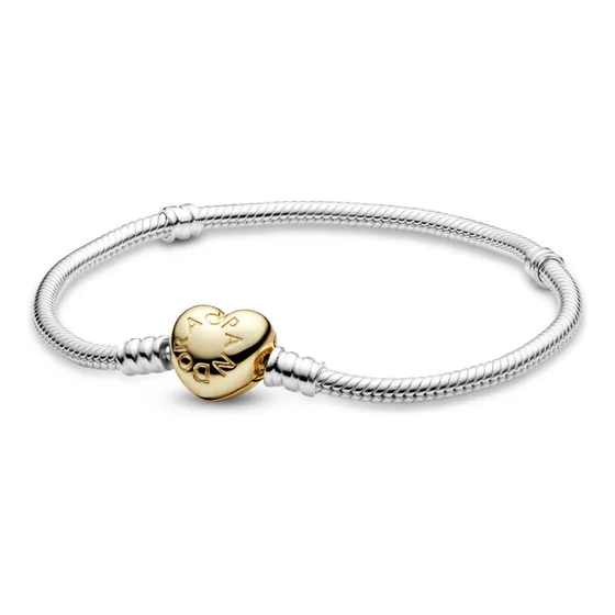 Brazalete Pandora Broche De Corazón Cubierto En Oro De 14k Color Dorado Talla 19 Cm