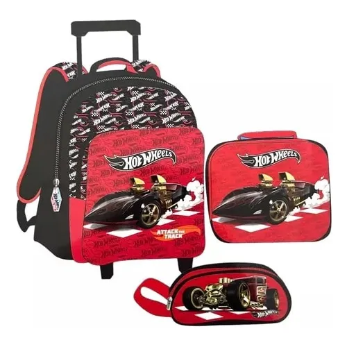 Hot Wheels Mochila Con Ruedas + Lonchera + Estuche Escolar