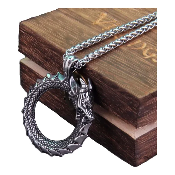 Collar Hombre De Lujo Dragón Uróboros Nórdico Caja Vikings