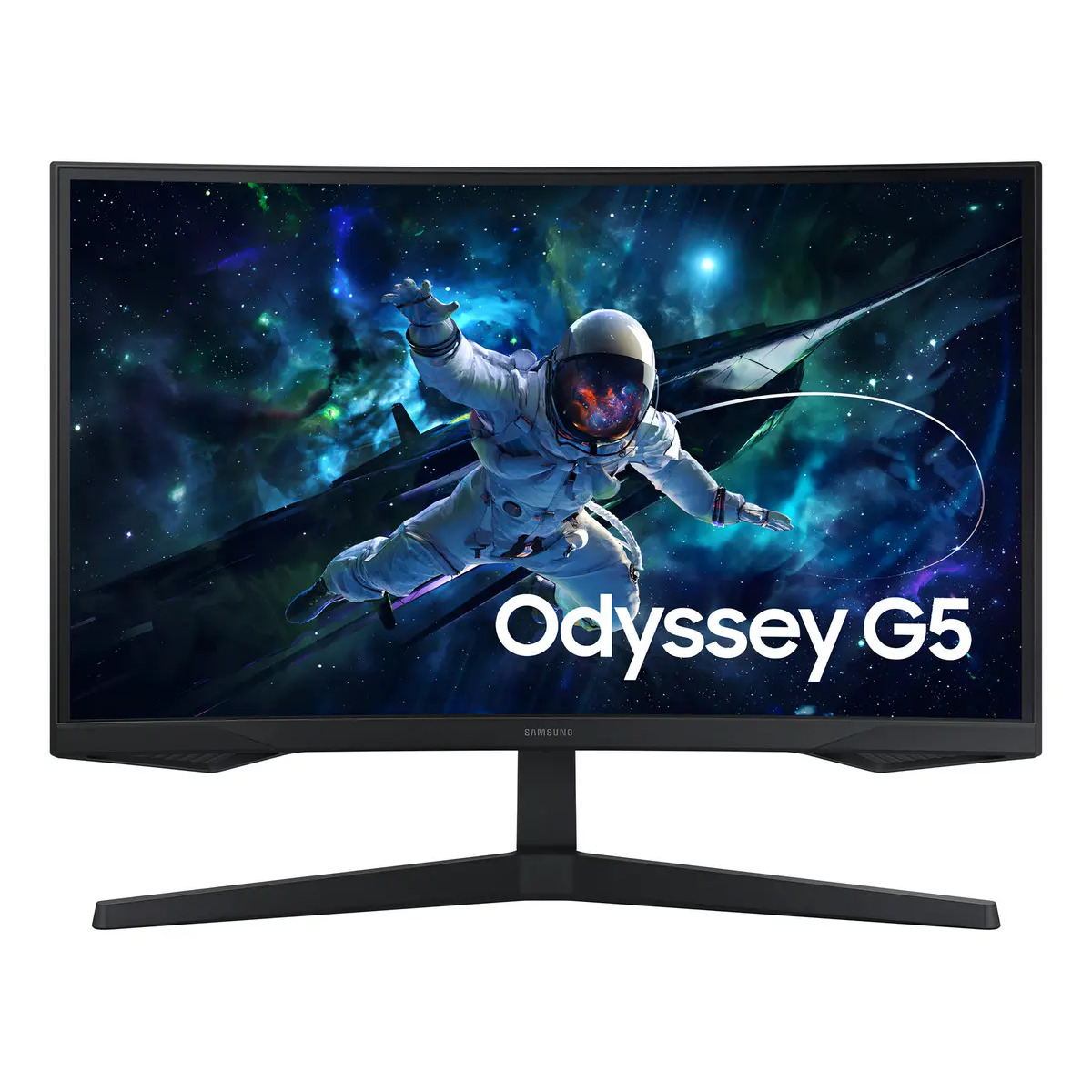 Monitor gamer Samsung Odyssey G5 de 27 polegadas com tela curva, exibindo um astronauta flutuando no espaço na tela e base preta em formato de V.