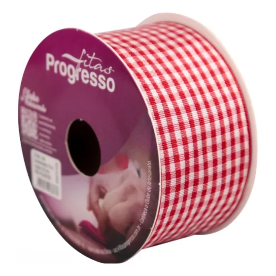 Fita Decorativa Xadrez Tecido Xt009 38mm 10 Metros Cor Vermelho