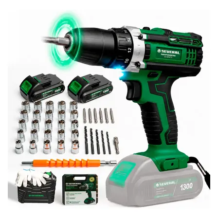 Parafusadeira Furadeira 21v 1300mah Com 2 Baterias Recarregável Sem Fio Maleta Completa Several Importados Verde 127/220v 60